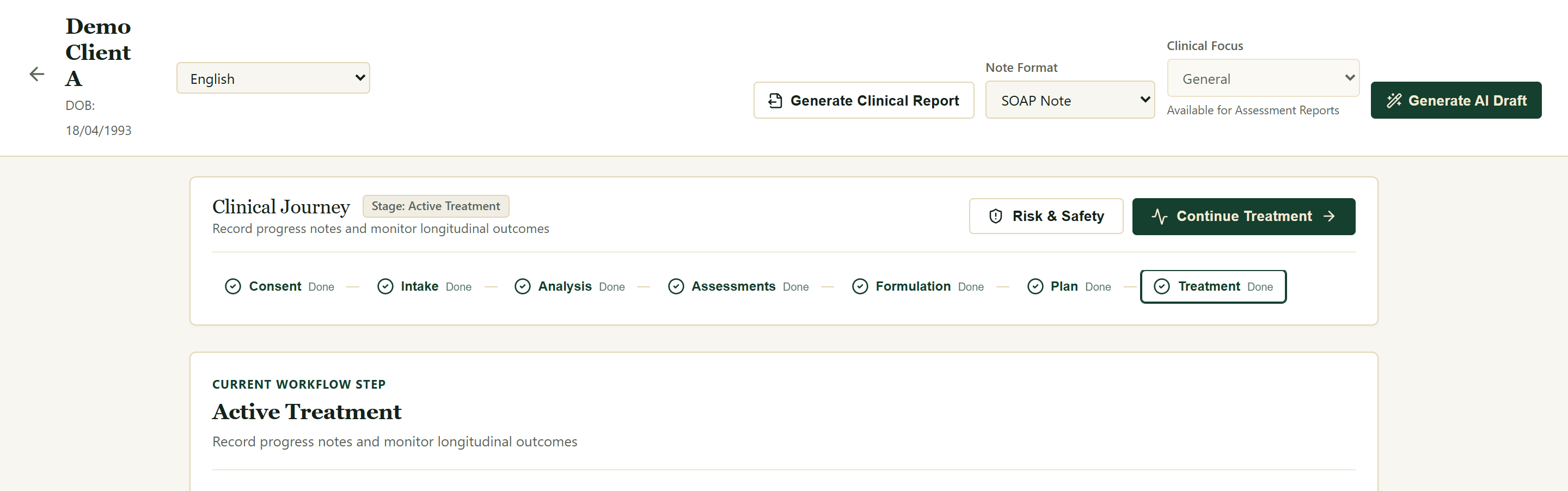BetterSelf client overview and Clinical Journey using synthetic demo data