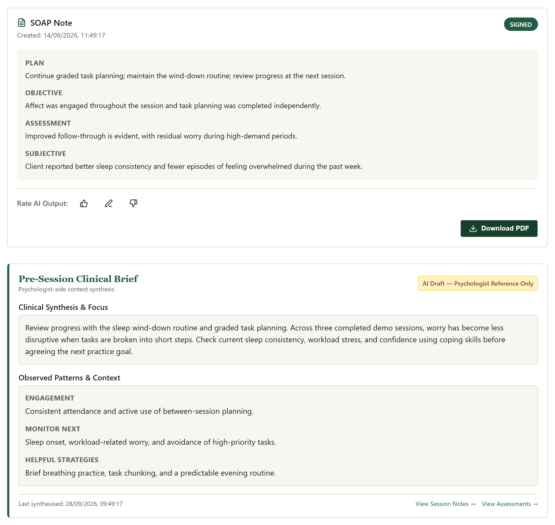 BetterSelf signed SOAP note and pre-session clinical brief using synthetic demo data